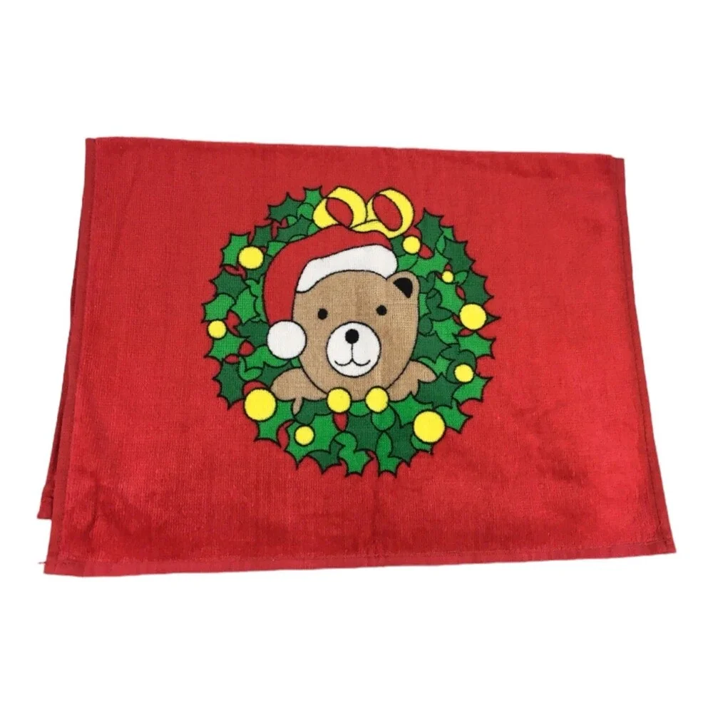 Vintage 80s Christmas Hilasal Santa Bear Wreath 100% Cotton Hand Towel Bathroom